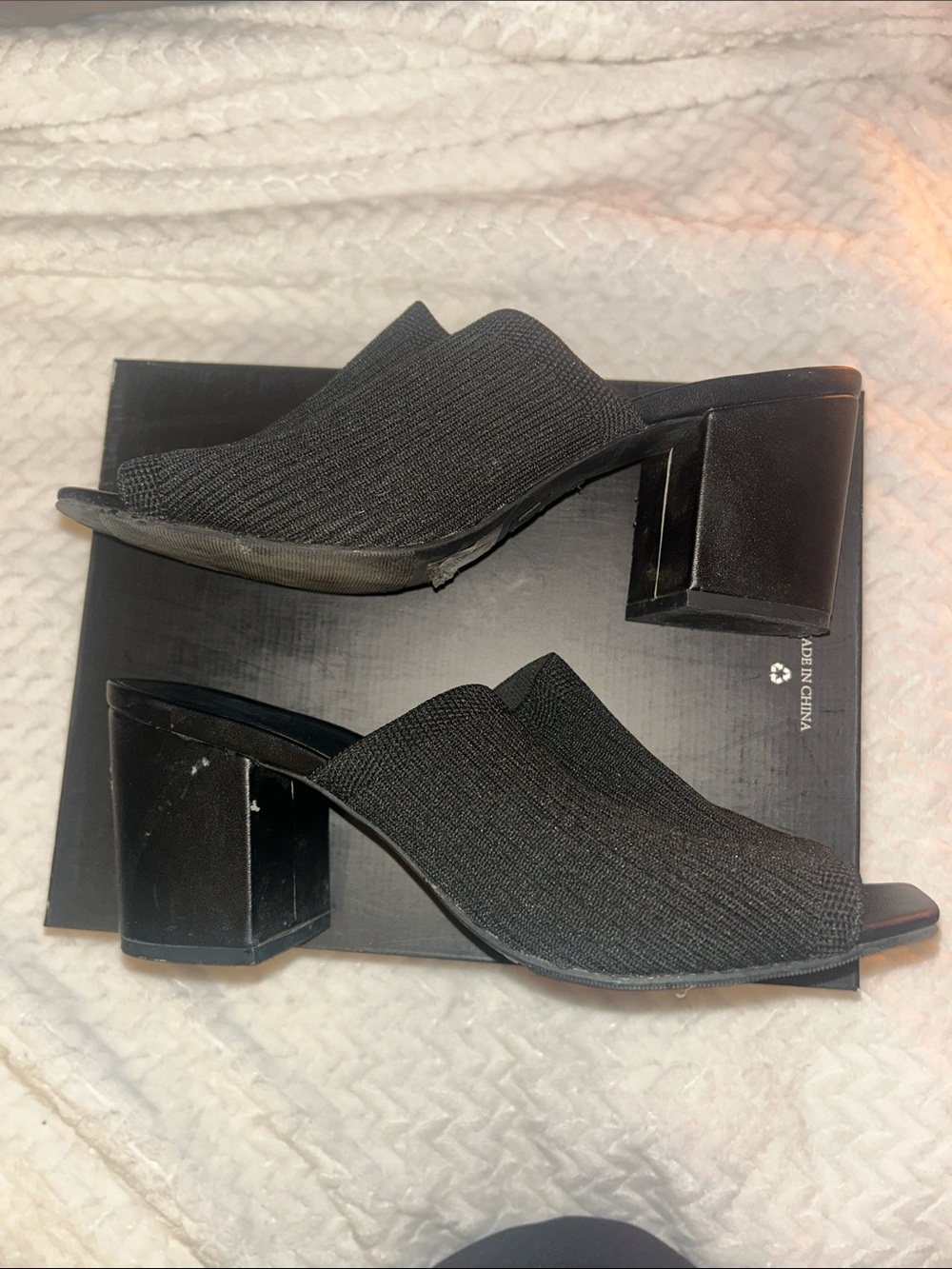MIA Black Knit Open-Side Block Heel Mules
